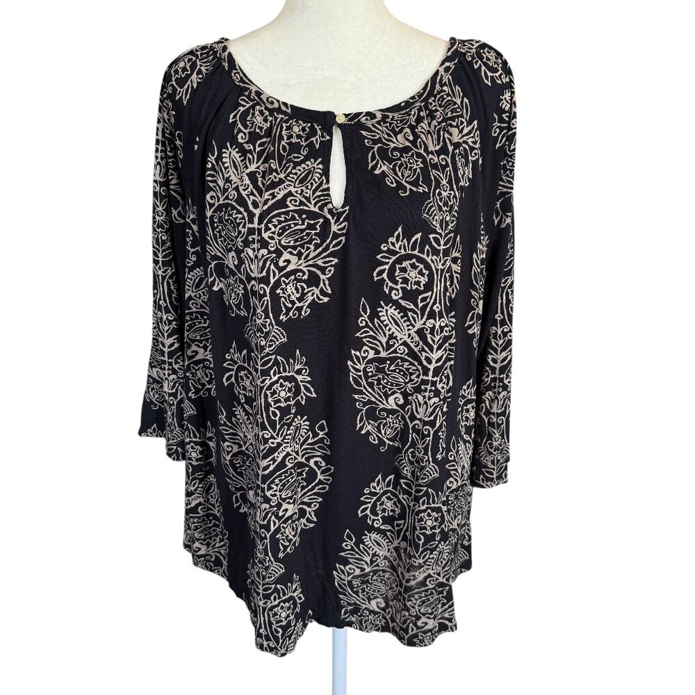 Lucky Brand black and tan 3/4 sleeve one button keyhole blouse women's size 2X